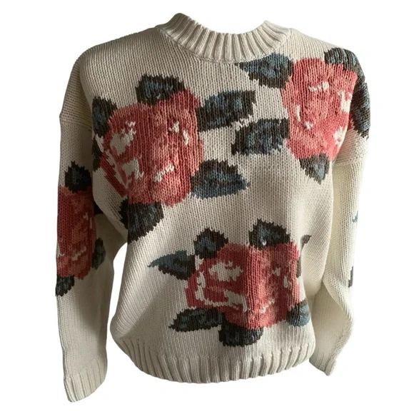 Mexx Sweater 100% Cotton Floral Motifs Jacquard 80s 90s MultiColor Pink Cream S - Picture 3 of 11